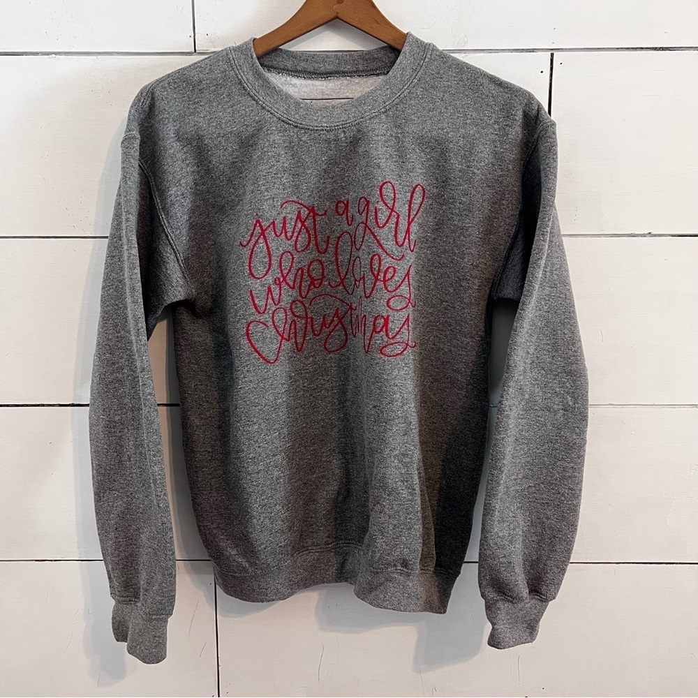Saved By Grace Co. Just A Girl Who Loves Christmas Gray Crew Sweatshirt. Size S
